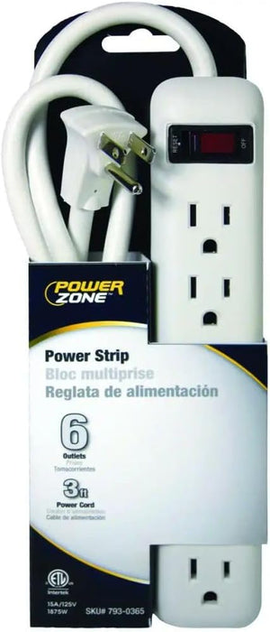 3' Power Zone 6-Outlet White Power Strip w/ Reset Button
