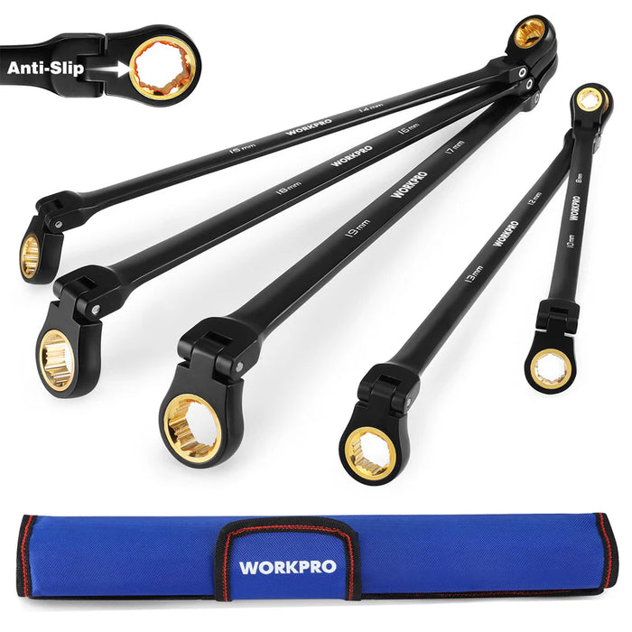 5 Pc EXTRA LONG FLEX-HEAD METRIC RATCHETING WRENCH SET (8 - 19 mm) ANTI-SLIP