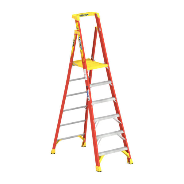 FIBERGLASS PLATFORM LADDER TYPE 1A ORANGE - 300 LB CAPACITY