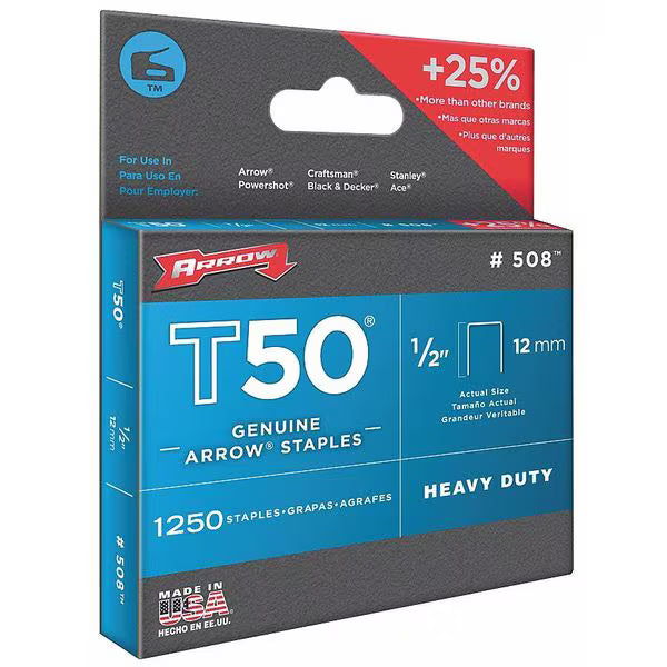 Arrow T50 3/8 in. W X 1/2 in. L 18 Ga. Flat Crown Heavy Duty Staples 1250 pk