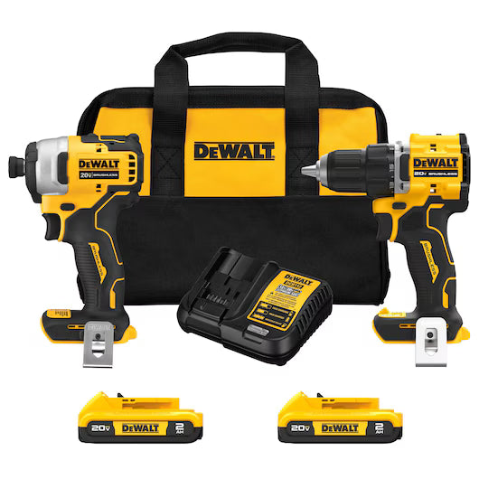 DEWALT ATOMIC 20V BRUSHLESS, CORDLESS COMPACT DRILL & IMPACT DRIVER KIT W/2 BATTERIES,CHARGER & CASE